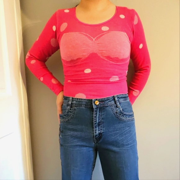Knit pink long sleeve fitted tee top polka dot Y2k vintage size Small crew neck - Picture 5 of 6